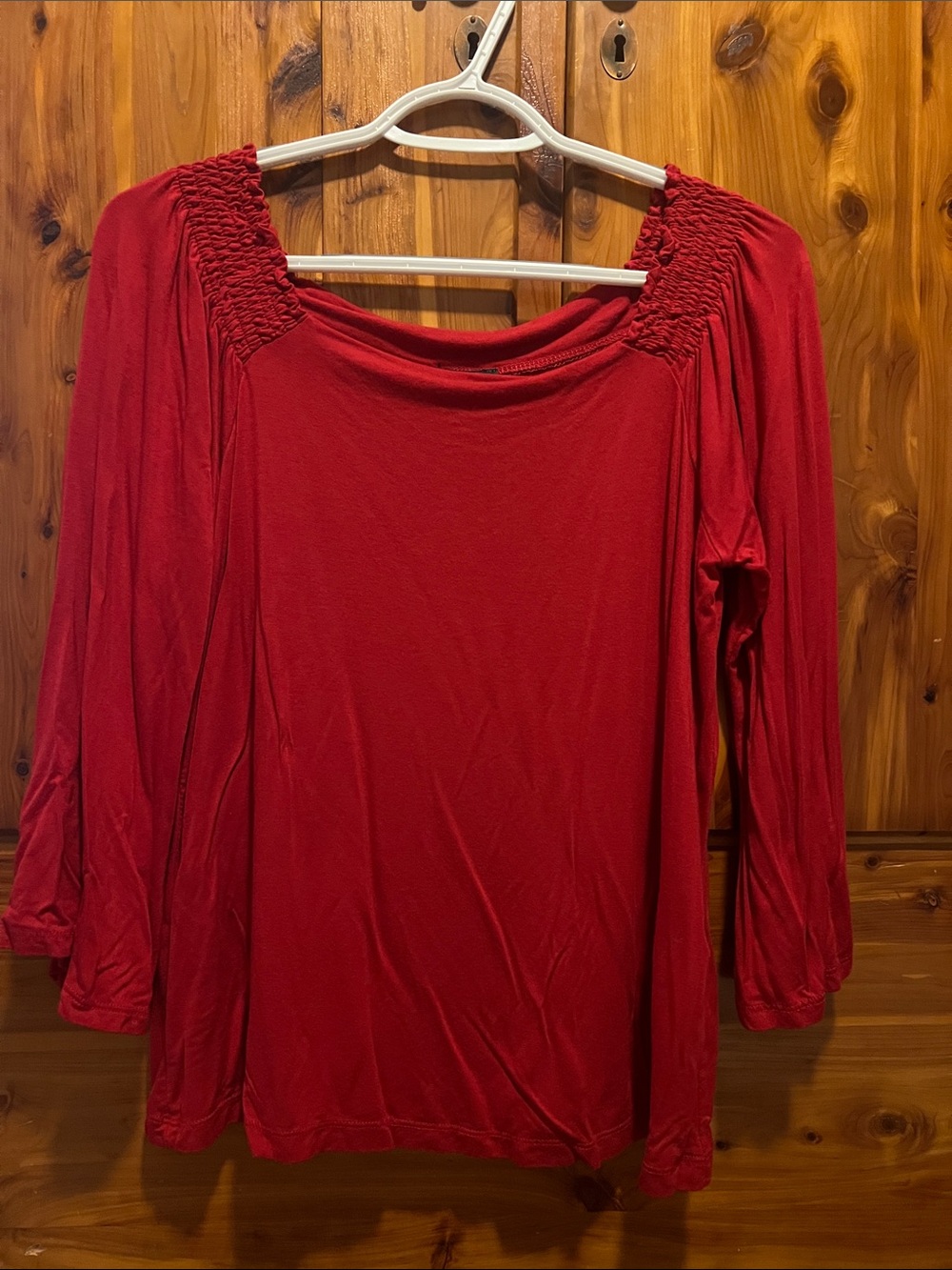 IMAN Red Long-Sleeve Smocked Yoke Top